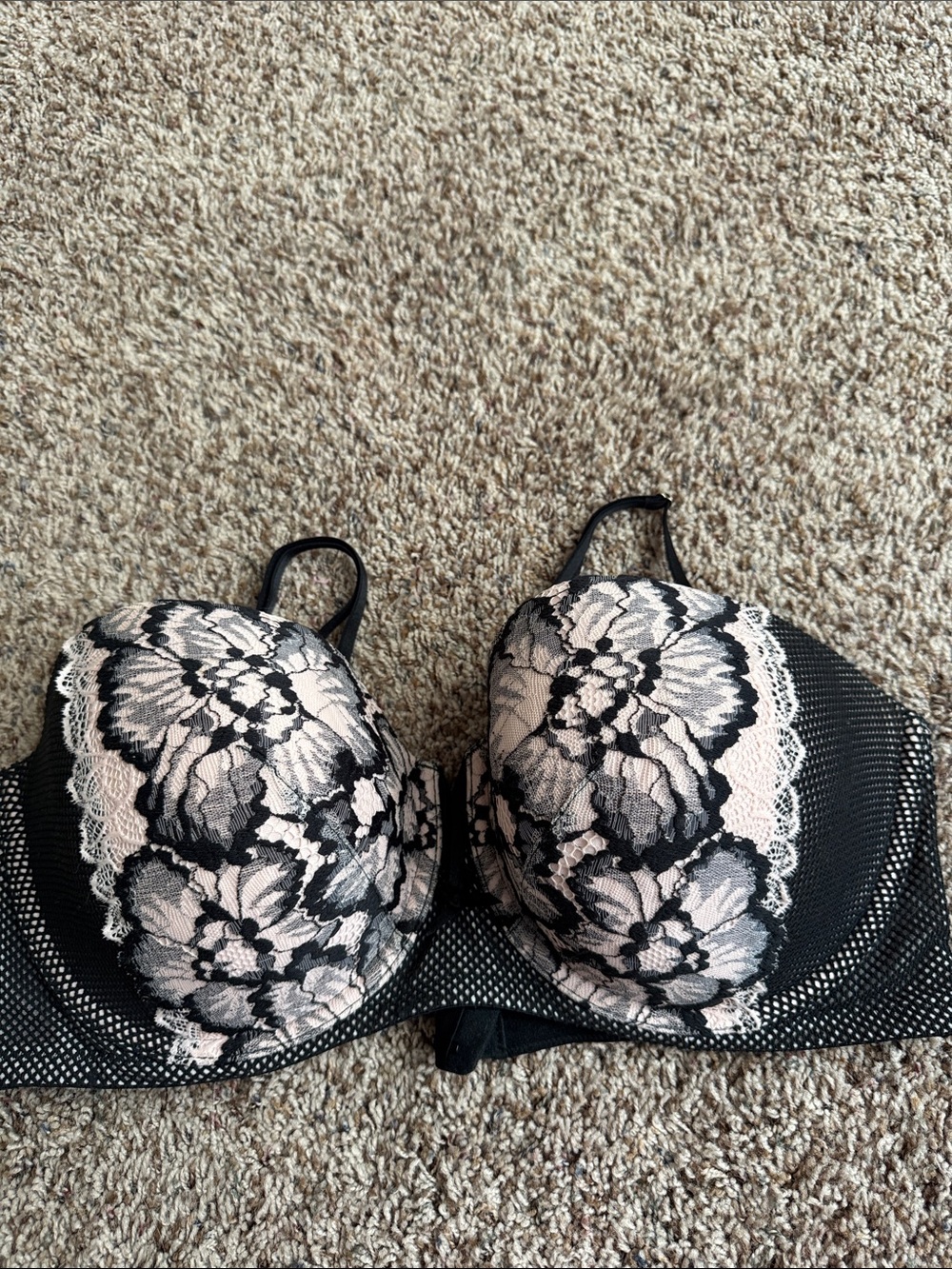Cacique Black Bra with Cream Floral Lace